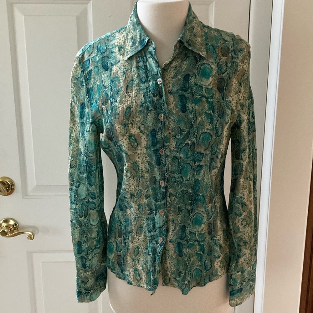EUC 100% Silk Vintage Talbots Size 10 Reptile Snake Green and Tan Blouse
